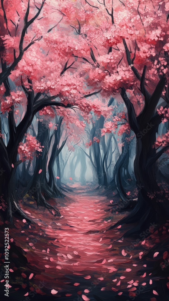 A serene forest path leads through towering trees, their branches heavy with bright pink cherry blossoms. Soft petals scatter along the ground, creating a magical spring atmosphere.