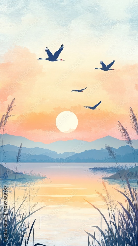 A serene lake reflects the warm hues of a sunset as birds soar across the vibrant sky. Silhouetted mountains form a backdrop, enhancing the peaceful atmosphere during dusk.