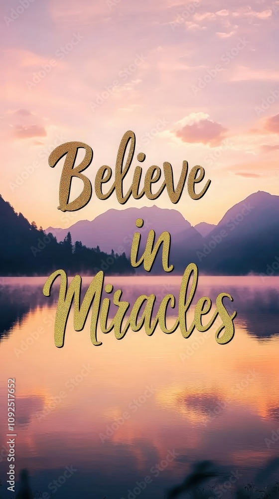 A serene lake reflects vibrant colors of the sunset, surrounded by mountains. The words Believe in Miracles are elegantly displayed, inspiring hope and positivity in natures beauty.
