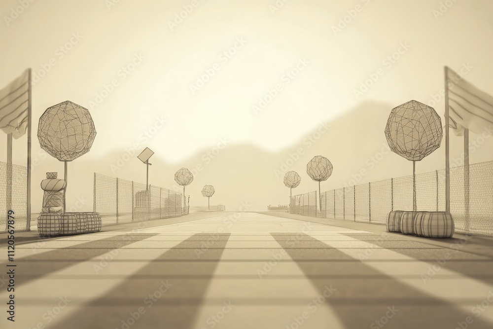 A serene park pathway features wireframe trees and decorative elements, bathed in soft morning light. The scene highlights the tranquility and artistic design of the outdoor space.