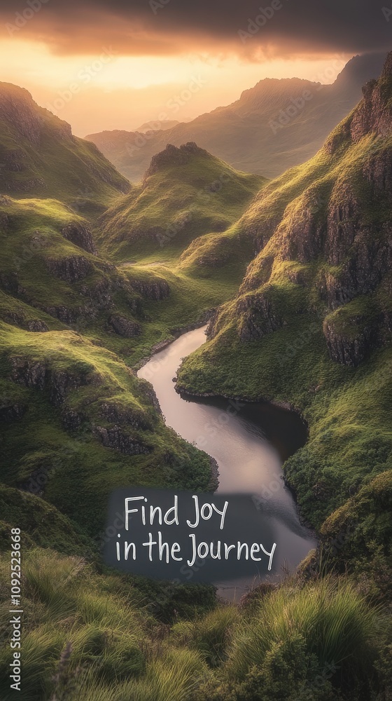 A serene river meanders through vibrant green hills under the soft light of the golden hour. The lush landscape invites reflection and appreciation of natures beauty.
