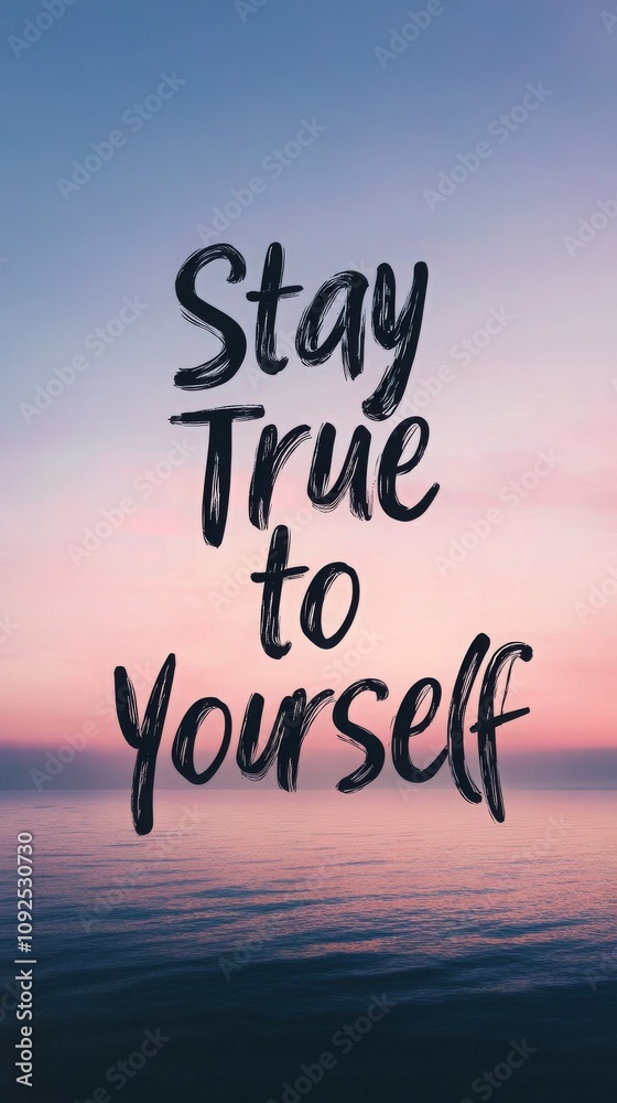 A serene sunset paints the sky in pastel hues, with gentle waves lapping at the shore. Bold lettering conveys an uplifting message to encourage self-acceptance and authenticity.