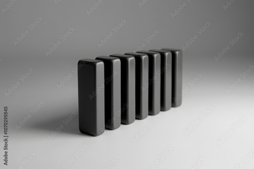 A series of black dominoes is arranged in a straight line, showcasing precise alignment on a simple gray background. The focus highlights the uniformity and symmetry of the dominoes.