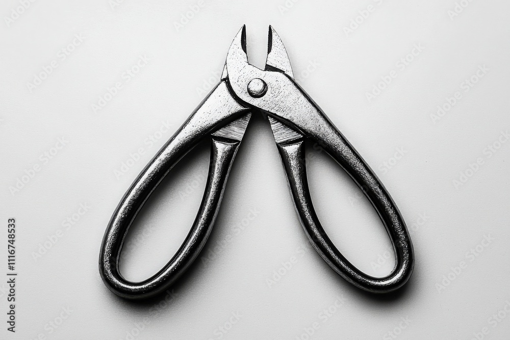 A set of metal wire cutters is placed on a plain light-colored surface, showcasing their design and function. The tools sharp edges and handles are clearly visible, emphasizing its utility.