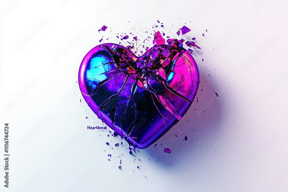 A shattered heart made of glossy purple and blue material lies against a plain background. The cracks illustrate deep emotional pain, while the vibrant colors suggest the potential for healing.
