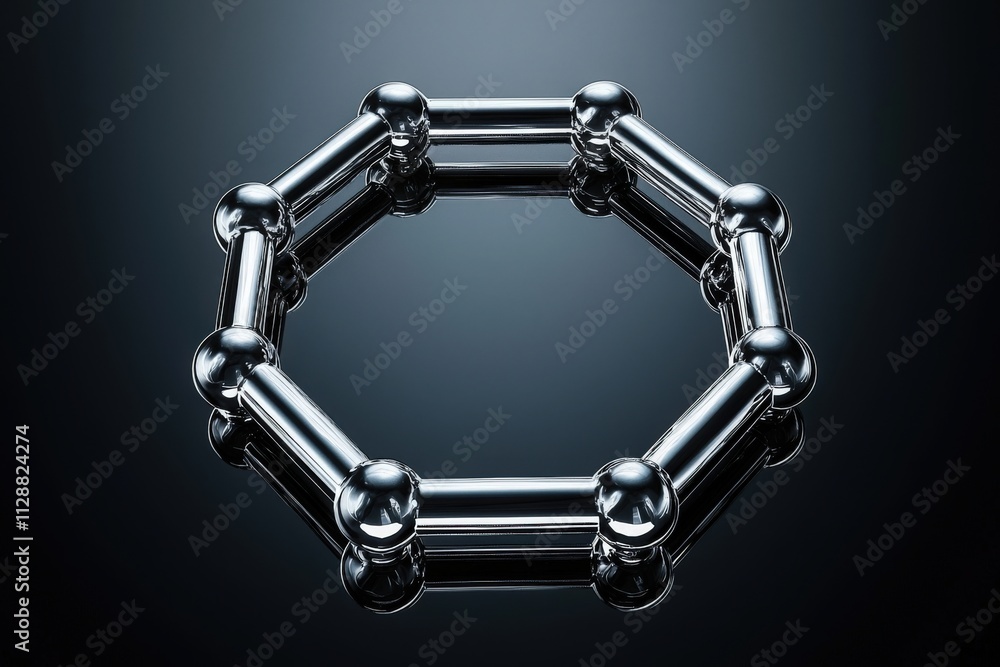 A shiny metallic octagonal structure composed of spherical and cylindrical segments rests on a dark reflective surface. The smooth surfaces create an interesting interplay of light and shadows.