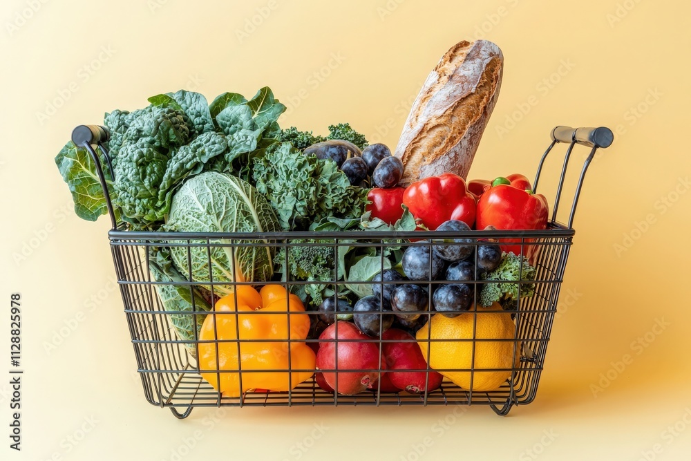 A shopping basket is filled with a variety of fresh vegetables and fruits. The basket contains leafy greens, bell peppers, berries, apples, and a loaf of bread.