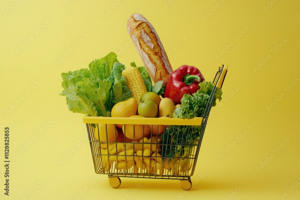 A shopping cart filled with fresh vegetables and fruits stands out against a bright yellow backdrop. The cart contains lettuce, corn, apples, and a loaf of bread, emphasizing healthy choices.