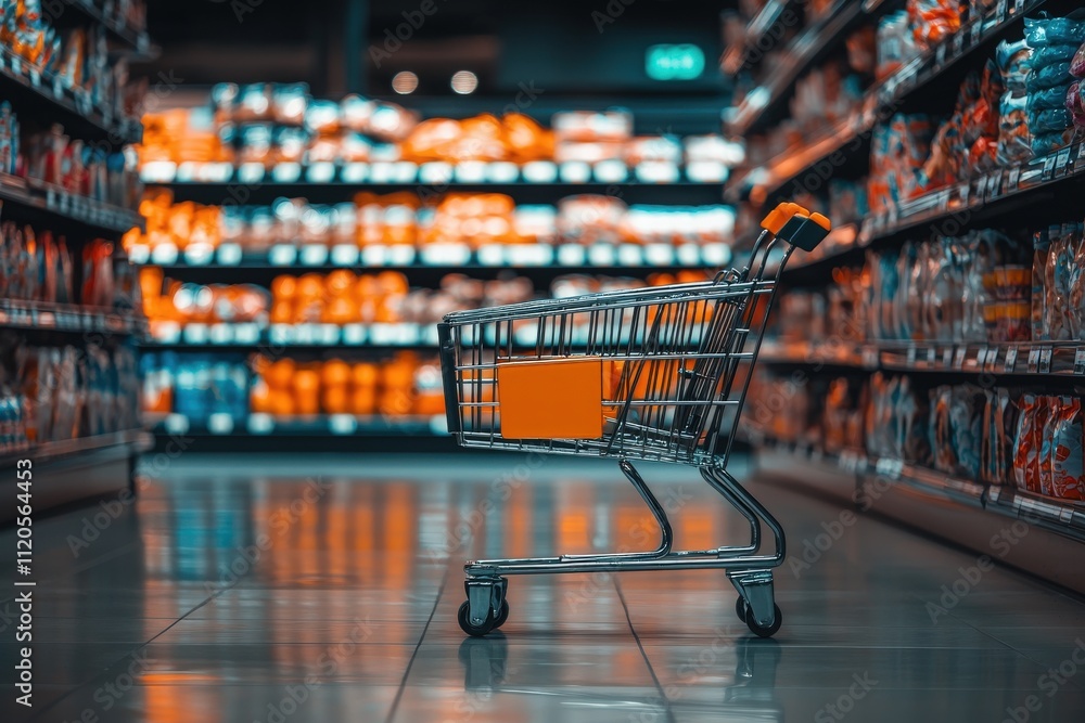 A shopping cart is positioned in the center of a grocery store aisle. Brightly packaged products line the shelves, creating an inviting atmosphere for shoppers.