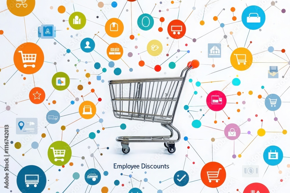 A shopping cart stands prominently amidst colorful icons and symbols representing various aspects of commerce. The visual focuses on employee discounts, illustrated with interconnected elements.