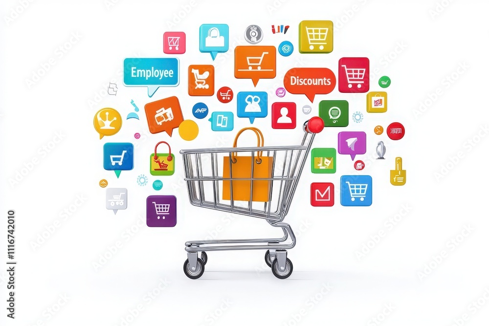 A shopping cart stands prominently with vibrant digital icons representing discounts, shopping tools, and retail services in a colorful display. This illustrates modern online shopping trends.