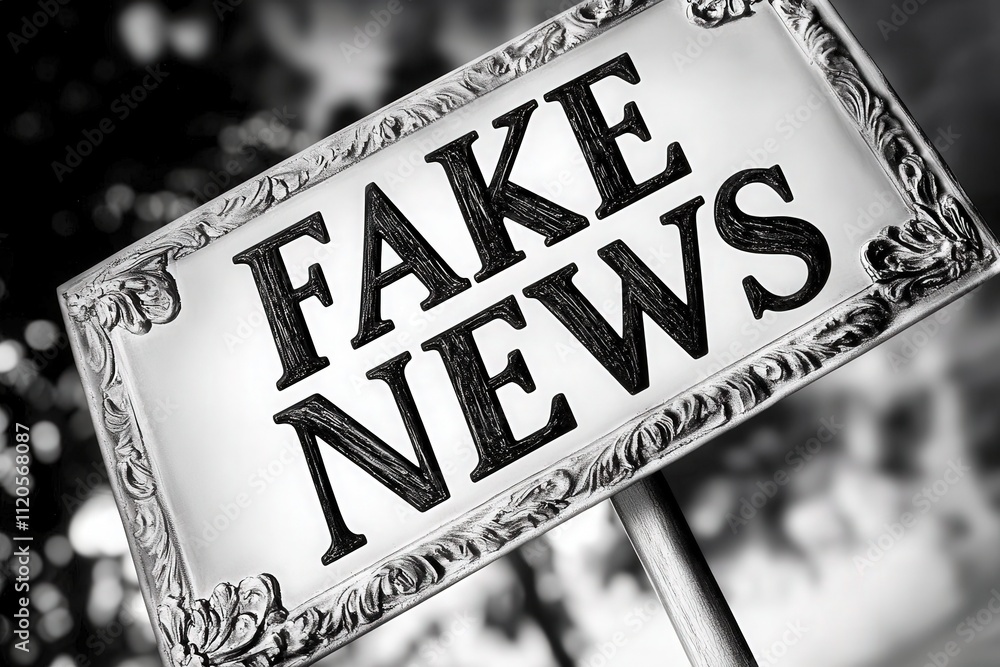 A sign prominently displays the words fake news, emphasizing the ongoing issue of misinformation. The text contrasts sharply with its ornate border, capturing attention during daytime.