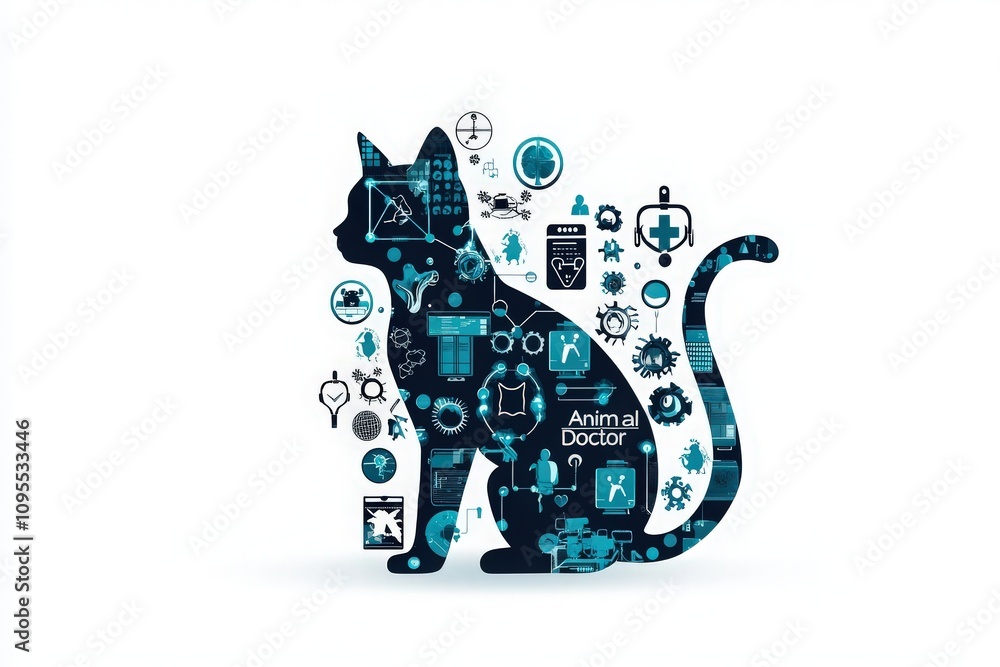 A silhouette of a cat filled with various veterinary symbols and icons highlights the importance of animal care and health. The design showcases themes of pet wellness and veterinary medicine.