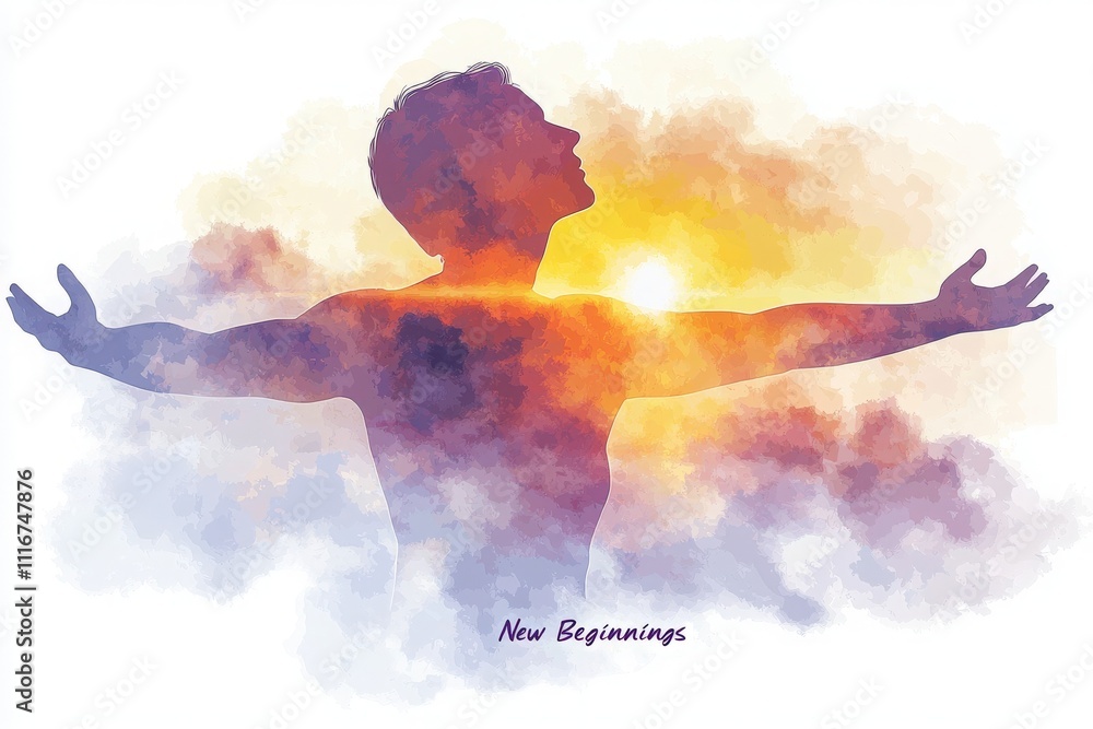 A silhouette of a person standing with arms wide open, basking in the warm glow of a colorful sunset. The atmosphere conveys a sense of hope and fresh starts.