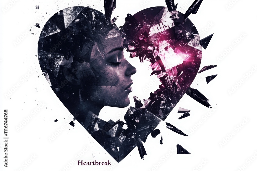 A silhouette of a woman reflects a deep emotional struggle, surrounded by broken glass shards. The vivid colors represent turmoil and heartbreak, creating an impactful visual representation.