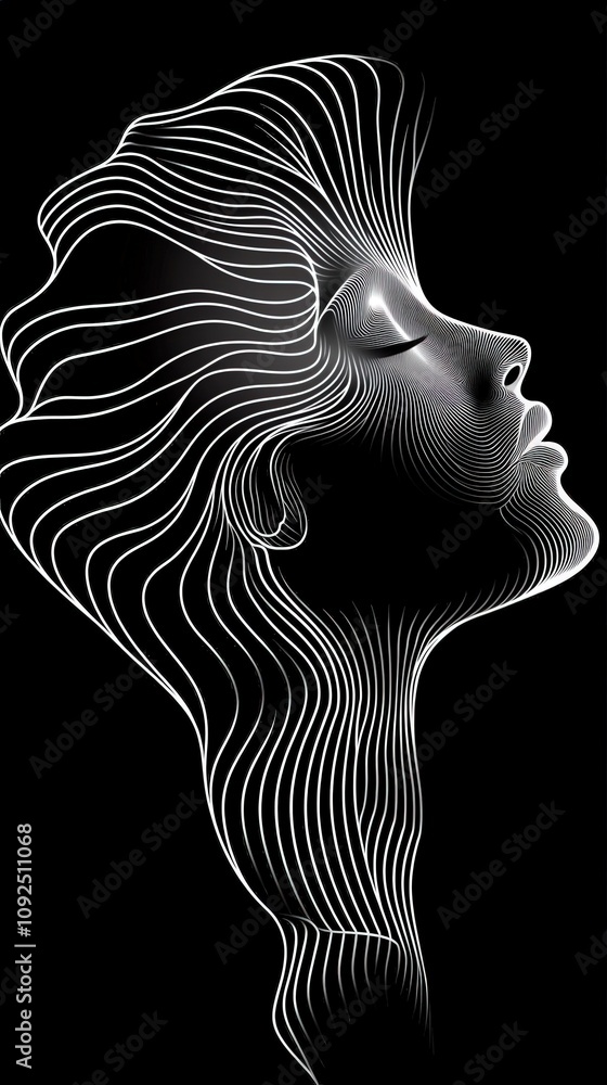 A silhouette of a womans profile is depicted with intricate white lines, illustrating her flowing hair and serene expression against a black backdrop, creating a modern and artistic effect.