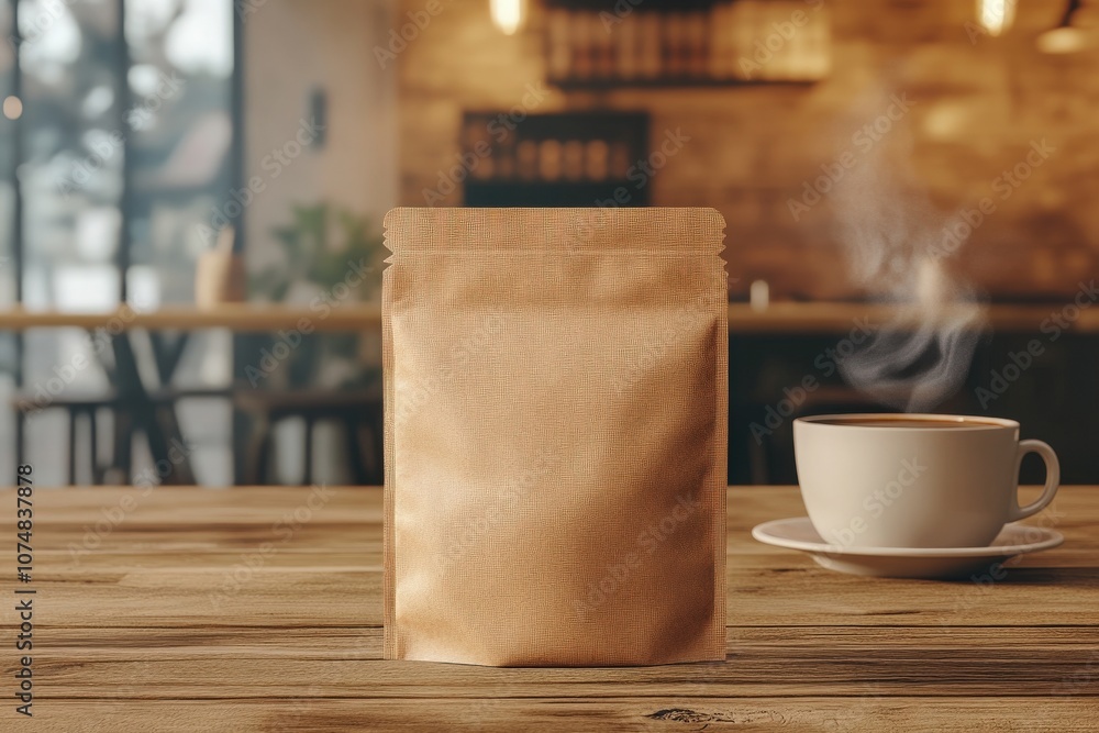 A simple brown coffee bag is placed on a wooden table alongside a steaming cup of coffee. The warm atmosphere of the cafe enhances the inviting scene, perfect for coffee enthusiasts.