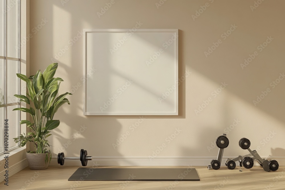 A simple, empty white frame is mounted on a light wall in a bright fitness area, showcasing a neat floor mat, dumbbells, and a houseplant, all illuminated by soft natural light.