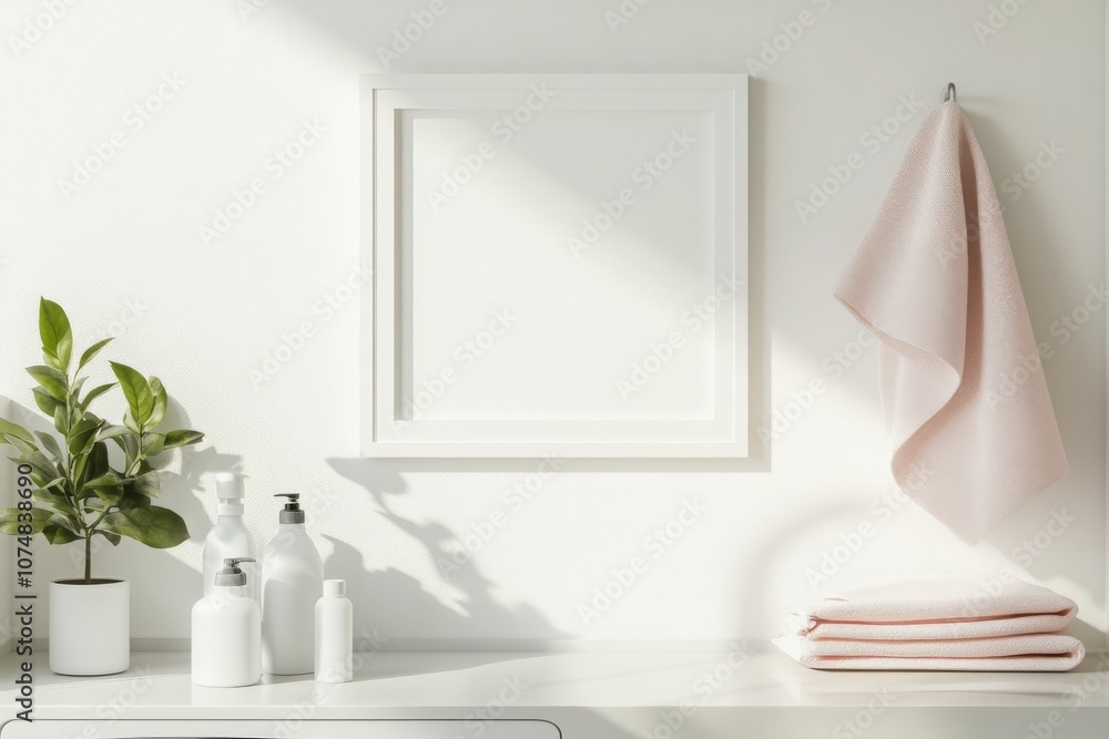 A simple, empty white frame is mounted on a wall, complemented by a soft towel on a hook and decorative plants. The setting exudes a calm, minimalist vibe ideal for artistic presentations.
