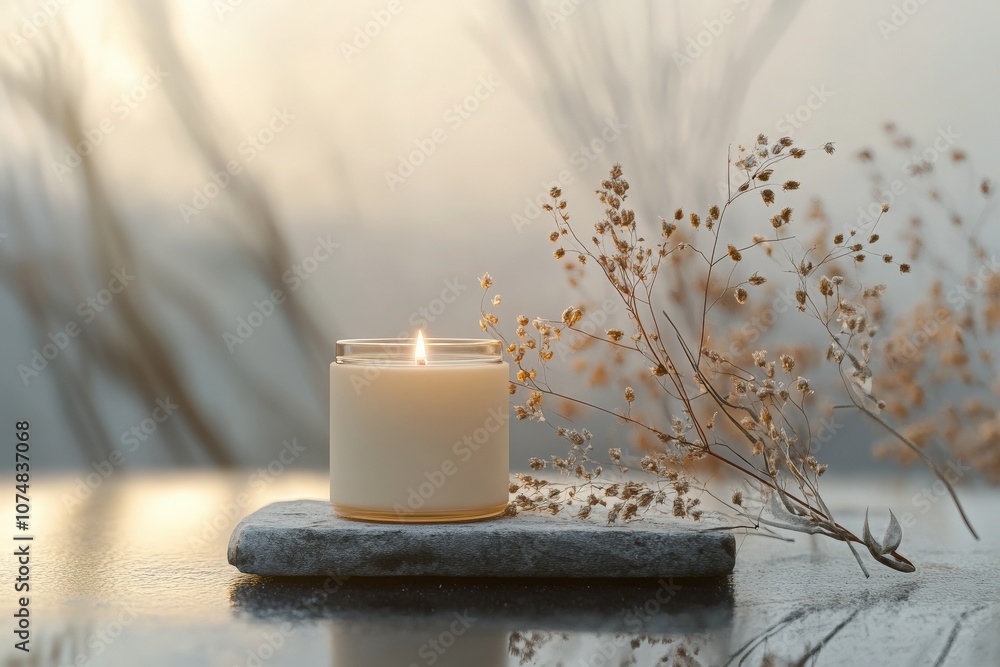 A simple scented candle jar rests on a stone plate, surrounded by delicate dried flowers. The warm glow of the flame contrasts with a soft, blurred sunset background.