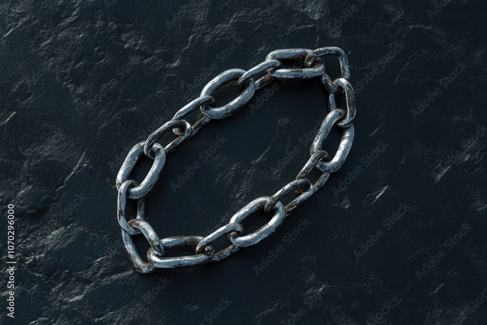 A single broken chain link lies on a smooth, dark surface, its metallic sheen highlighted by the gentle lighting. The surrounding area is devoid of any other objects or distractions.