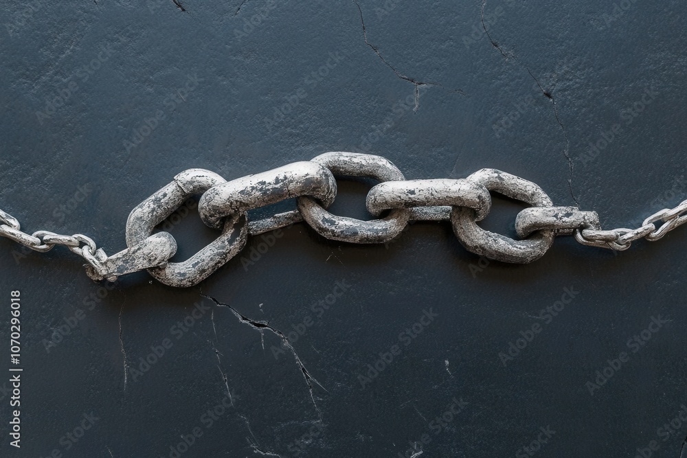 A single broken link from a sturdy chain rests on a smooth, dark surface. The texture of the link shows signs of wear, highlighting its damaged state under soft, diffused lighting.
