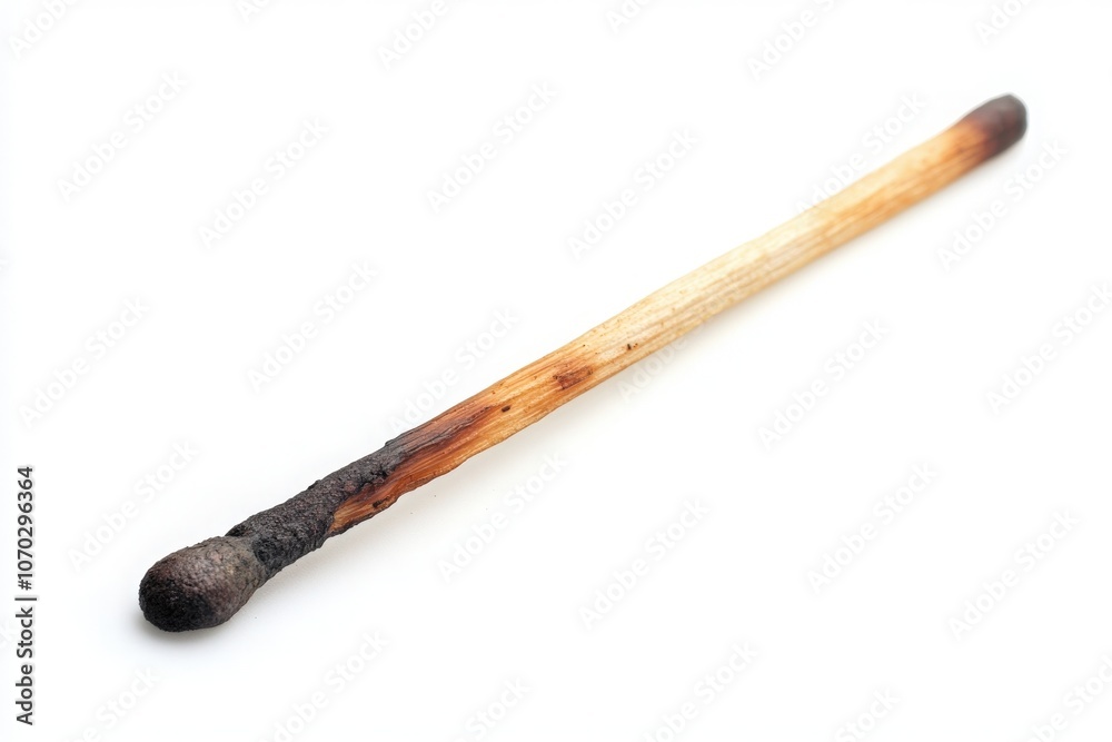 A single matchstick lies on a white surface, featuring a charred tip indicating prior use. The wooden stick is intact but remains unlit, waiting to ignite.