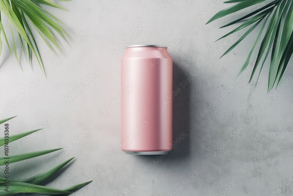 A single pink beverage can stands upright on a textured background, surrounded by lush green tropical leaves. The cans smooth surface reflects soft light, enhancing its modern look.