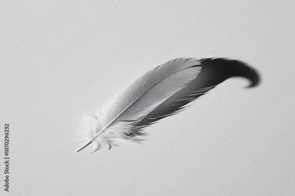 A single, slightly ruffled feather lies gracefully on a neutral background, showcasing its intricate patterns and natural beauty. The soft surface enhances its delicate appearance.