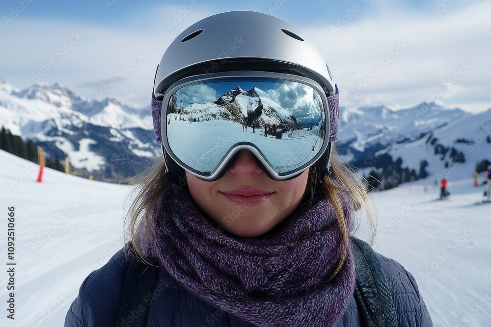 A skier stands on the snowy slopes, wearing a helmet and goggles that reflect majestic mountains and bright sky. The scene captures a crisp, sunny day in a winter landscape.