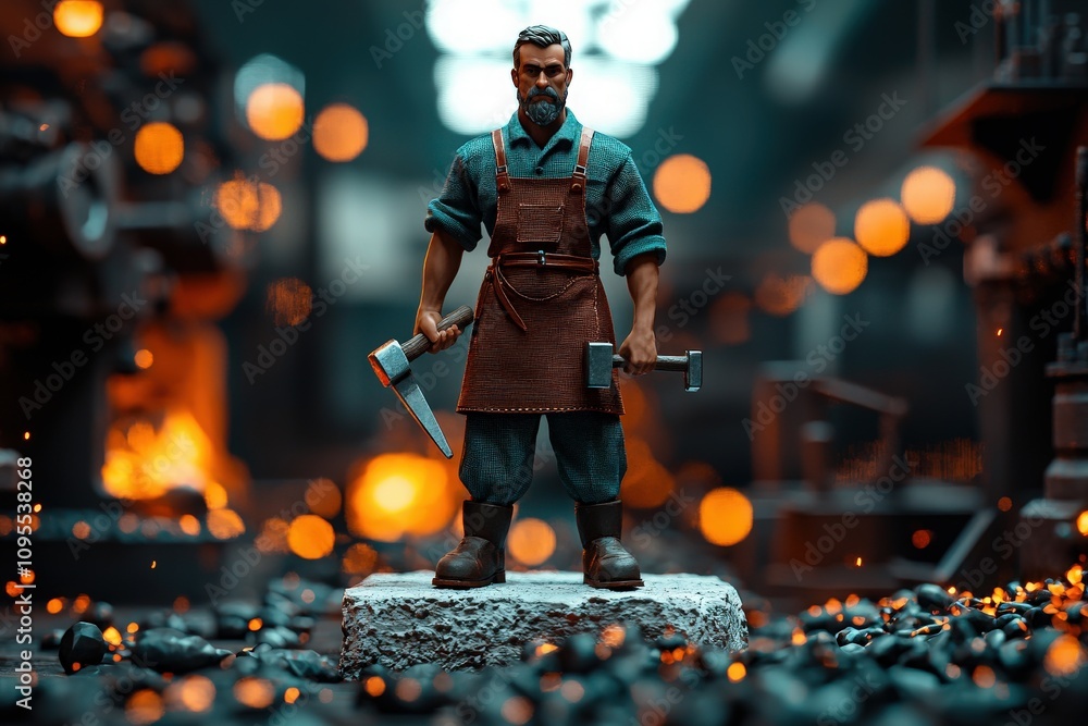 A skilled blacksmith stands confidently in a busy forge, holding a hammer and a saw, with glowing ashes and tools scattered on the ground, showcasing dedication to craftsmanship.