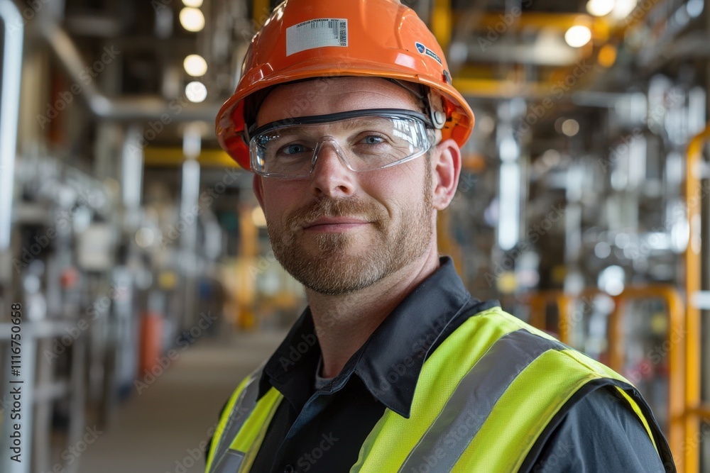 A skilled construction worker stands confidently, wearing an orange hard hat and protective eyewear. Bright safety vests highlight the busy industrial facility surrounding him during a daytime shift.