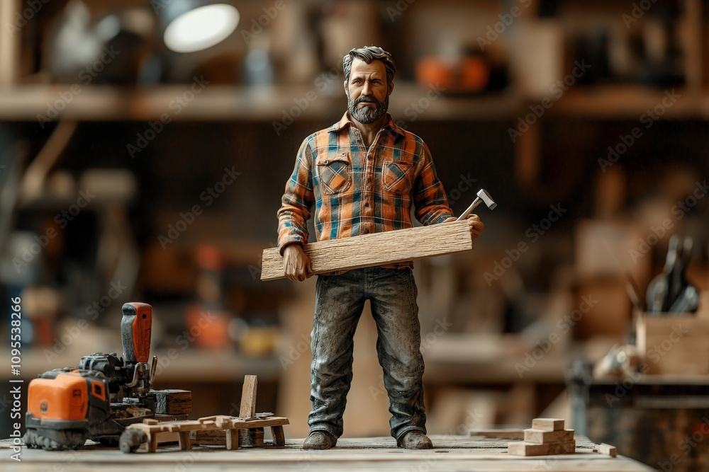 A skilled craftsman stands in a workshop, gripping a wooden plank with a hammer in hand. Surrounded by various tools and wood pieces, he prepares for his next project.
