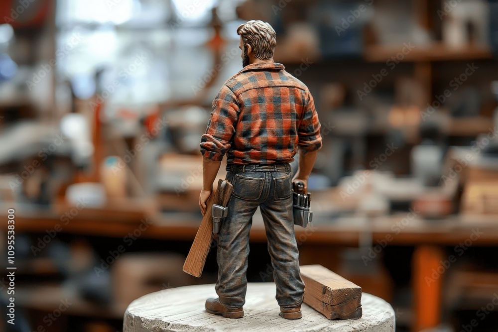 A skilled craftsman stands with tools at his side, wearing a plaid shirt in a busy workshop filled with various tools and wooden materials. The atmosphere reflects craftsmanship and dedication.