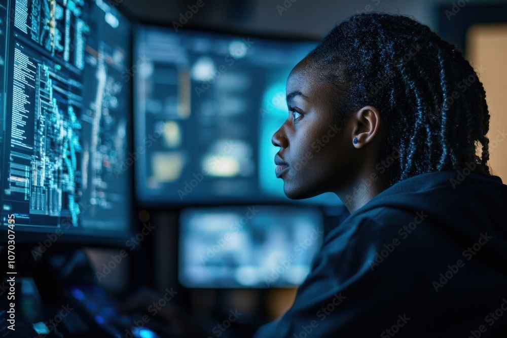 A skilled group of Black individuals operates complex tools and equipment, analyzing data on multiple computer screens in a modern workspace.