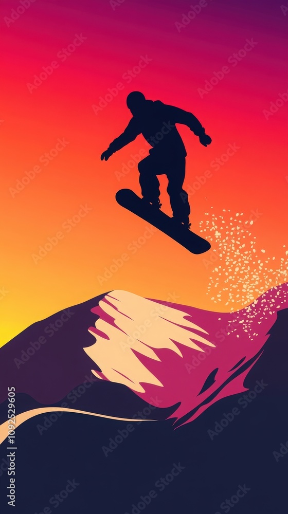 A skilled snowboarder leaps off a snowy mountain peak, silhouetted against a colorful sunset. The bright sky transitions from orange to pink, creating a stunning backdrop for the action.