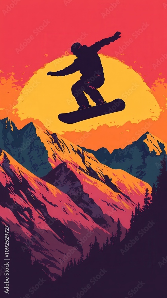 A skilled snowboarder performs a jump above snow-covered mountains while a stunning sunset casts warm colors across the sky. The scene captures the thrill of winter sports in nature.