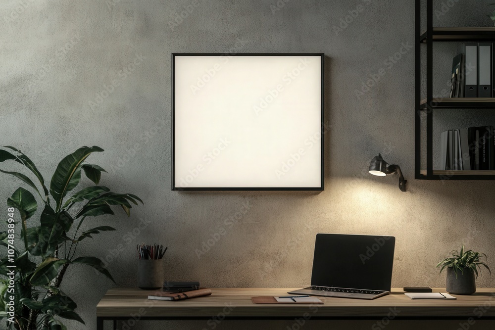 A sleek black frame sits empty on a textured wall, enhancing the minimalist decor of a workspace. Below it, a wooden desk features a laptop, stationery, and a decorative plant.