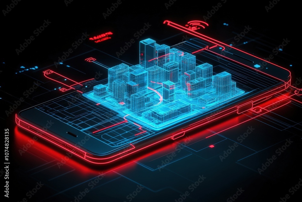 A sleek black smartphone showcases a glowing, digital representation of a futuristic cityscape in vibrant blue and red. The design highlights advanced technology and urban development.