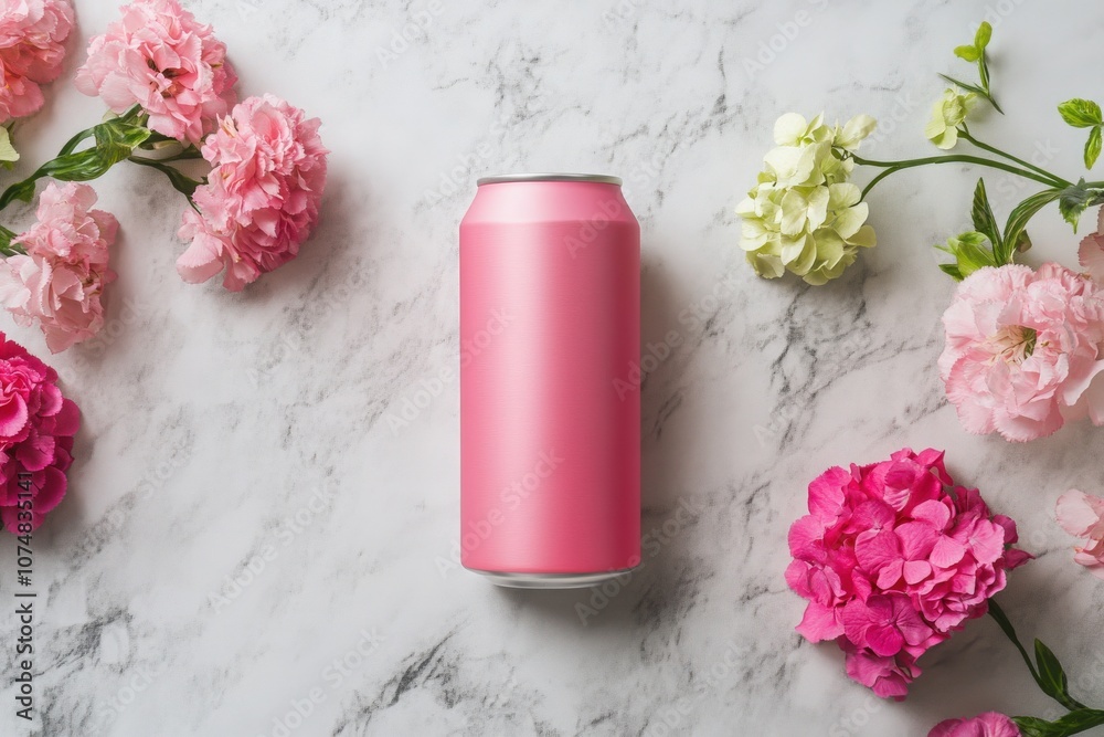 A sleek, bright pink energy drink can stands upright against a marble background, surrounded by vibrant pink and white flowers, creating a refreshing and serene atmosphere.