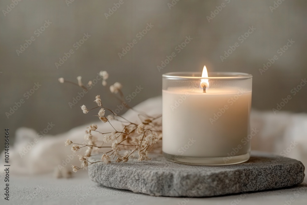 A sleek candle jar filled with wax stands on a natural stone base, glowing softly. Dried flowers add a touch of elegance, creating a serene atmosphere perfect for relaxation.