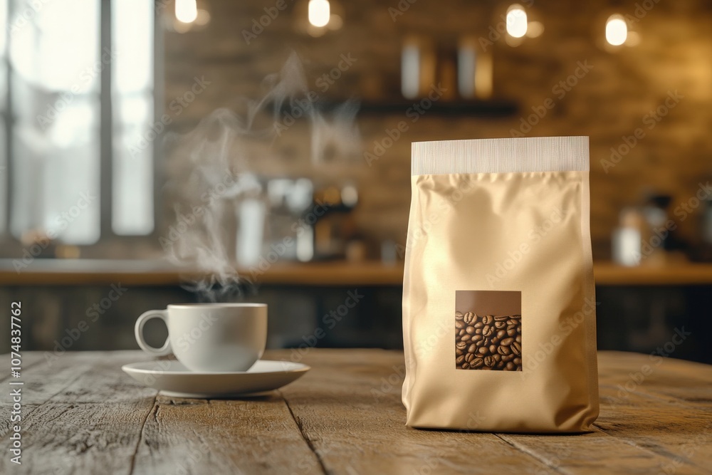 A sleek coffee bag stands prominently next to a steaming cup on a rustic wooden table, evoking a warm cafe atmosphere. The background features warm lighting and inviting elements.