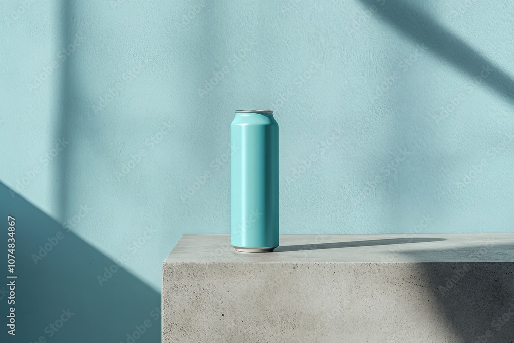 A sleek energy drink can mockup stands upright on a light concrete surface. The background features a soft blue color, creating a contemporary and appealing aesthetic perfect for product presentation.