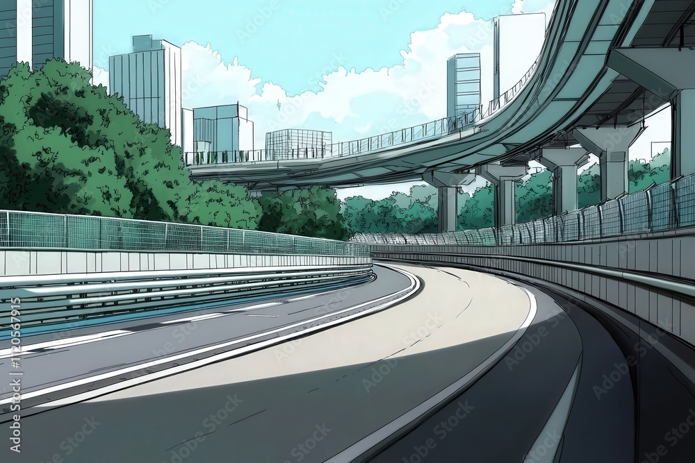 A sleek highway bends gracefully through a cityscape. Tall buildings glisten under the sunlight, while lush trees line the road, creating a blend of nature and urban architecture.