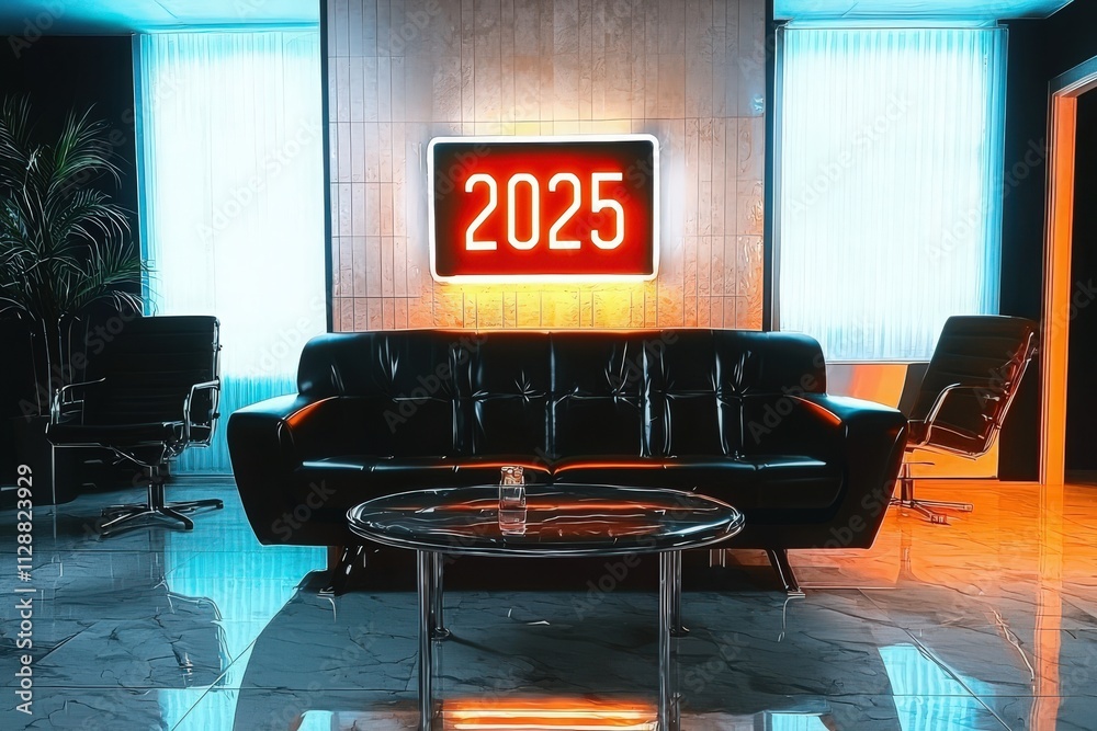 A sleek lounge area showcases a neon sign displaying the year 2025. The black sofa and glass table enhance the modern aesthetic, complemented by bright lighting and elegant chairs.