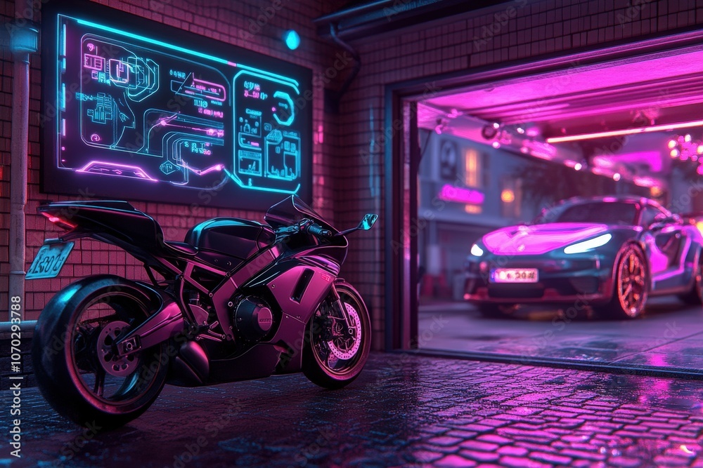 A sleek motorcycle is parked outside a garage, illuminated by vibrant neon lights. Inside, a modern sports car is showcased, enhancing the nighttime atmosphere.