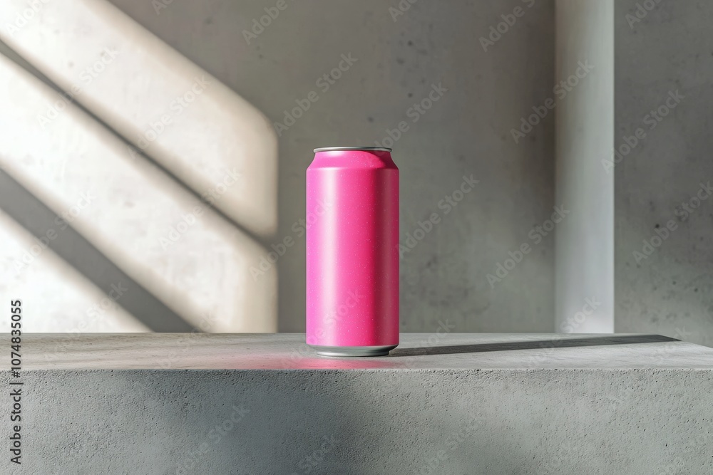A sleek pink energy drink can is elegantly placed on a concrete surface, highlighting its vibrant color and design against a neutral backdrop.