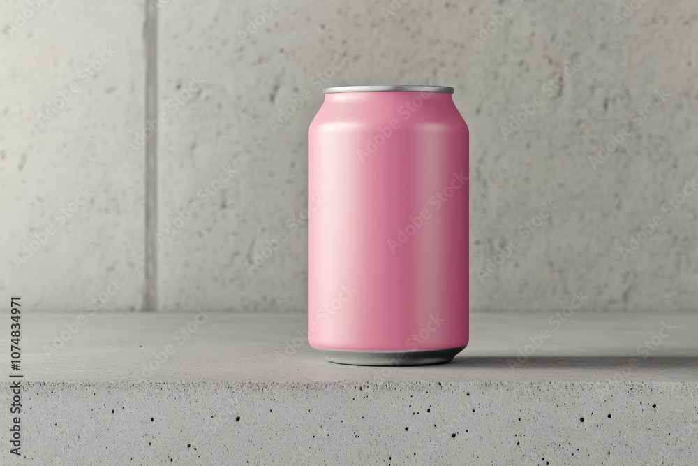 A sleek pink energy drink can is prominently positioned on a smooth concrete surface, showcasing its modern design in a minimalist setting. The clean backdrop highlights the cans vibrant color.