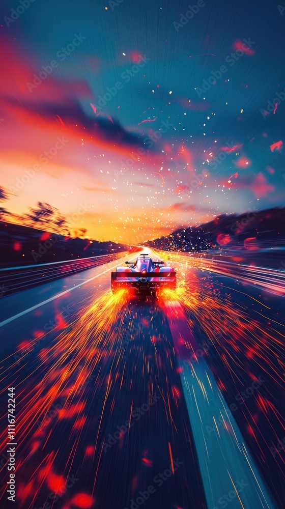 A sleek race car accelerates along a highway during sunset, leaving a trail of glowing sparks behind. The sky is a blend of vibrant colors, creating a dramatic atmosphere.