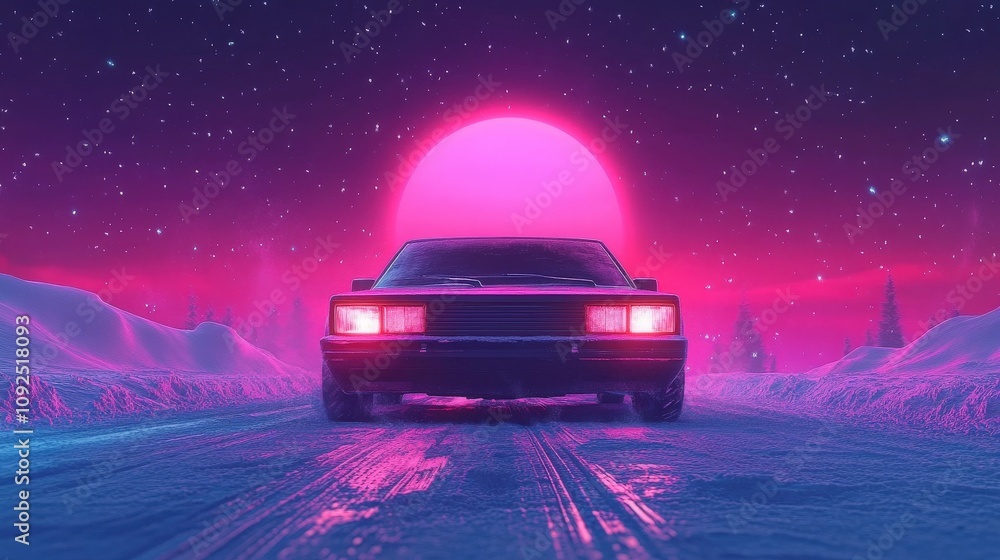 A sleek retro car navigates a snowy path surrounded by trees, illuminated by a vivid pink sunset. The scene captures a mystical and nostalgic atmosphere with rich colors.